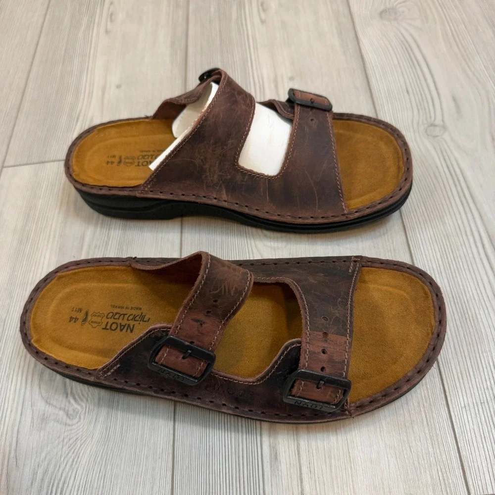 NEW Naot Mikael Crazy Horse Leather Sandals Brown Two Strap Slides Men EU 44 M11